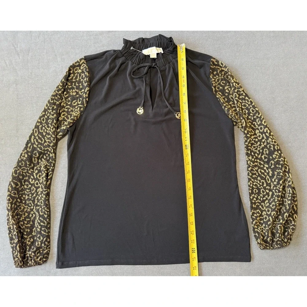 NEW Michael Kors Blouse Black Gold Leopard Print Ruffle Tie Neck Long Sleeve Lrg